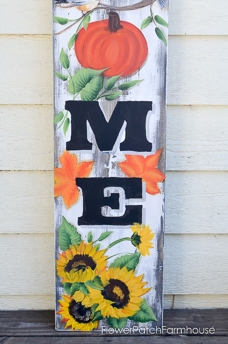 Sunflowers and Autumn leaves on DIY Autumn Welcome sign