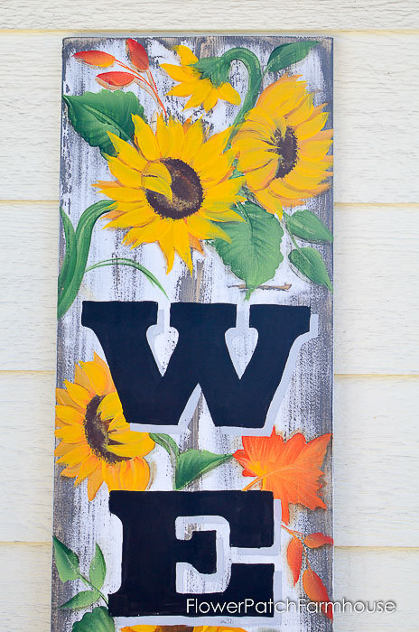 Painted sunflowers on DIY Welcome sign for Fall