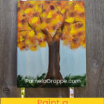 Fall Tree painting with text overlay, step by step free beginner tutorial, Paint a Fall Tree, pamela groppe art