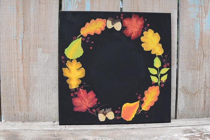 Painted Fall Leaf Wreath on Black Canvas