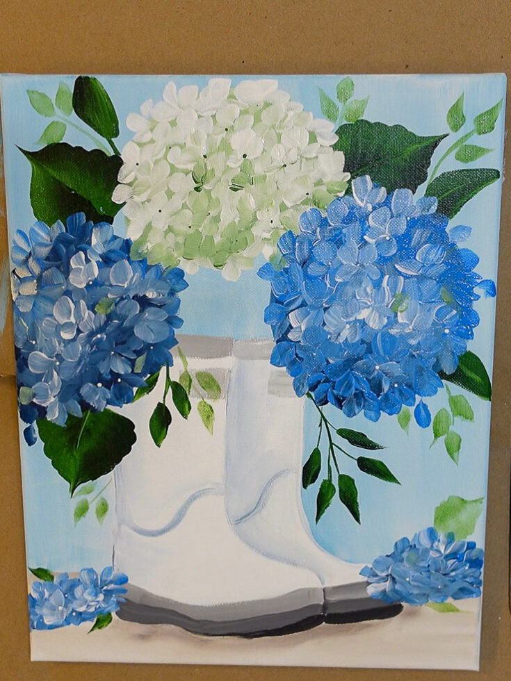 blue and white hydrangeas in boots painting