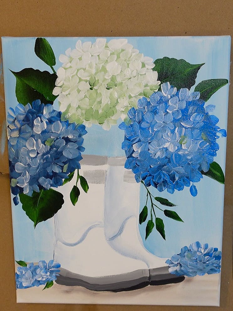 paint hydrangea blooms on table top