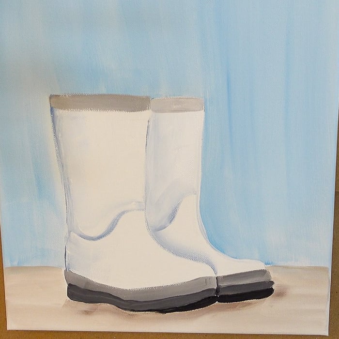 white rubber boots painted in acrylics