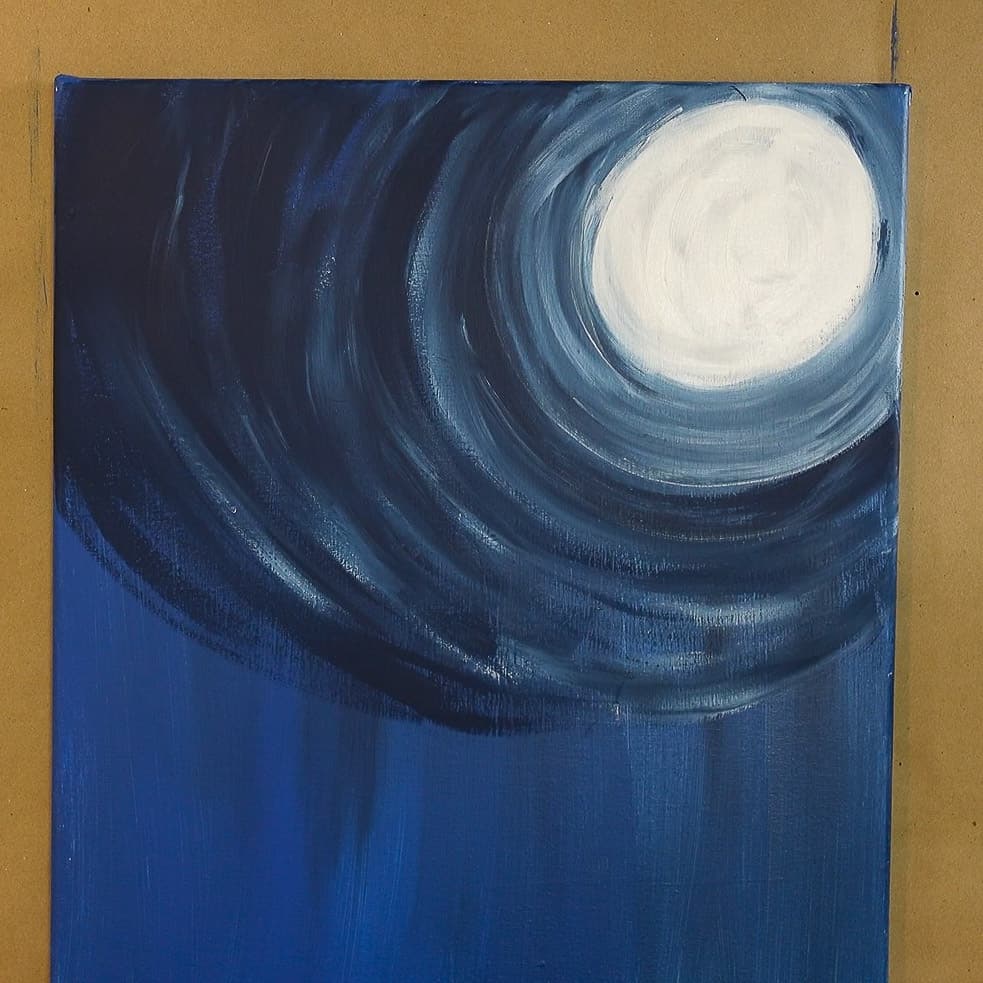 extend moon glow all the way out and down on canvas, snowman couple acrylic lesson