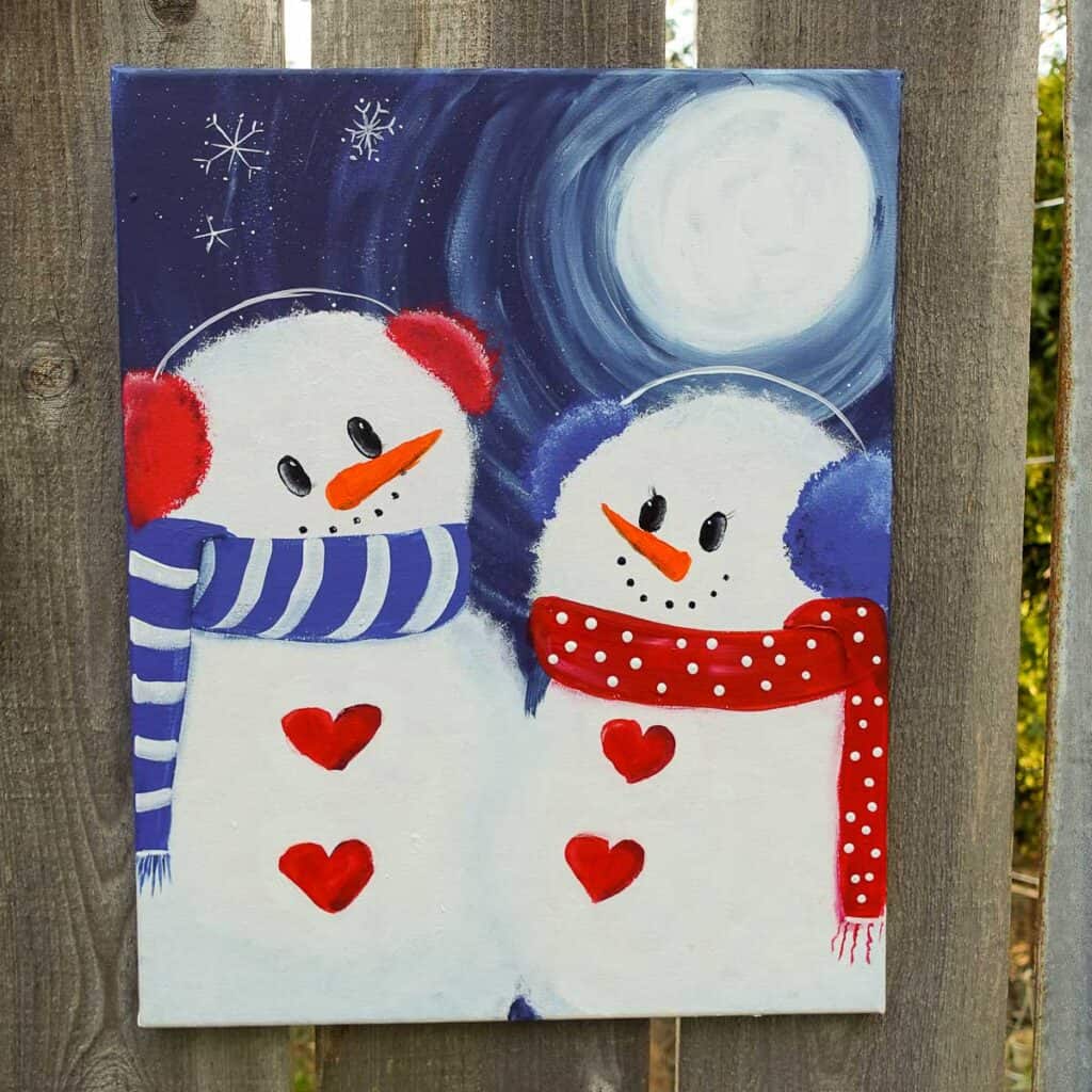 snowman acrylic painting tutorial, a snowman couple with moon and snowflakes