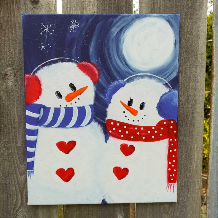 snowman couple acrylic painting tutorial with moon and snowflakes