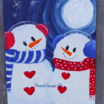 snowman acrylic painting with text overlay, Paint a Snowman couple, under a glowing moon, easy beginner friendly tutorial, Pamela Groppe ARt