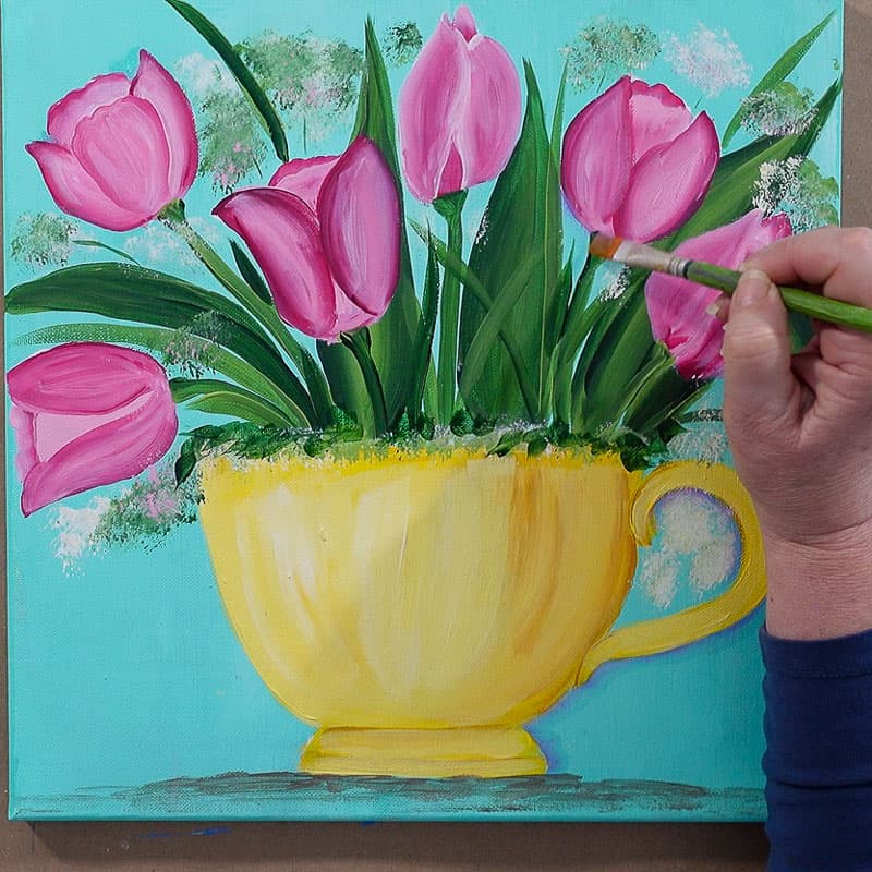 add shading to tulips and teacup for dimension in lavender