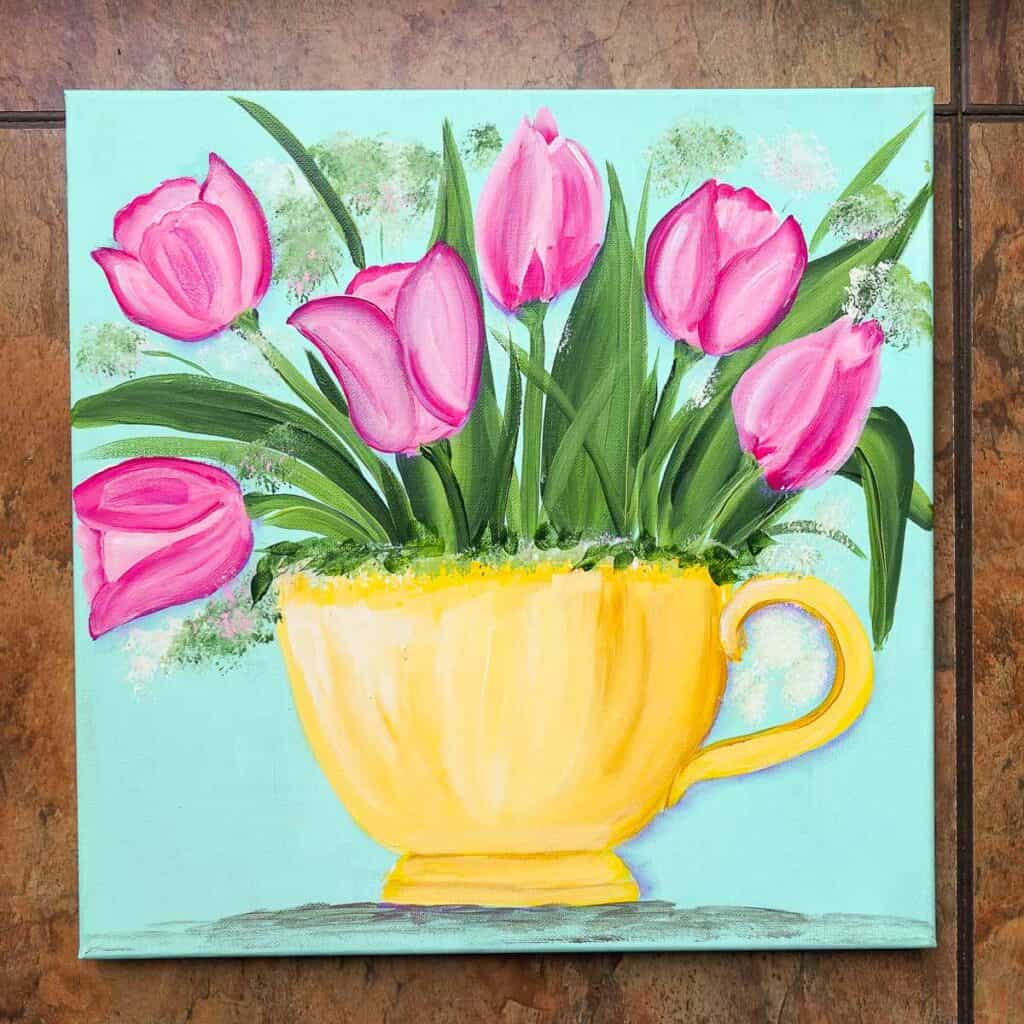 Pink Tulips in a Teacup acrylic painting