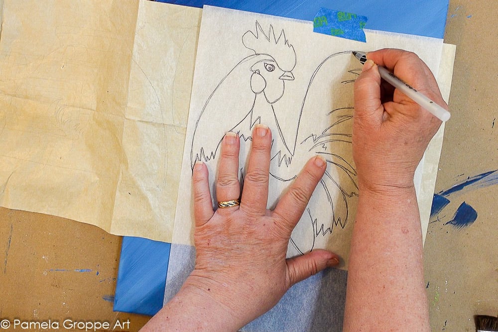 transferring rooster pattern to canvas surface