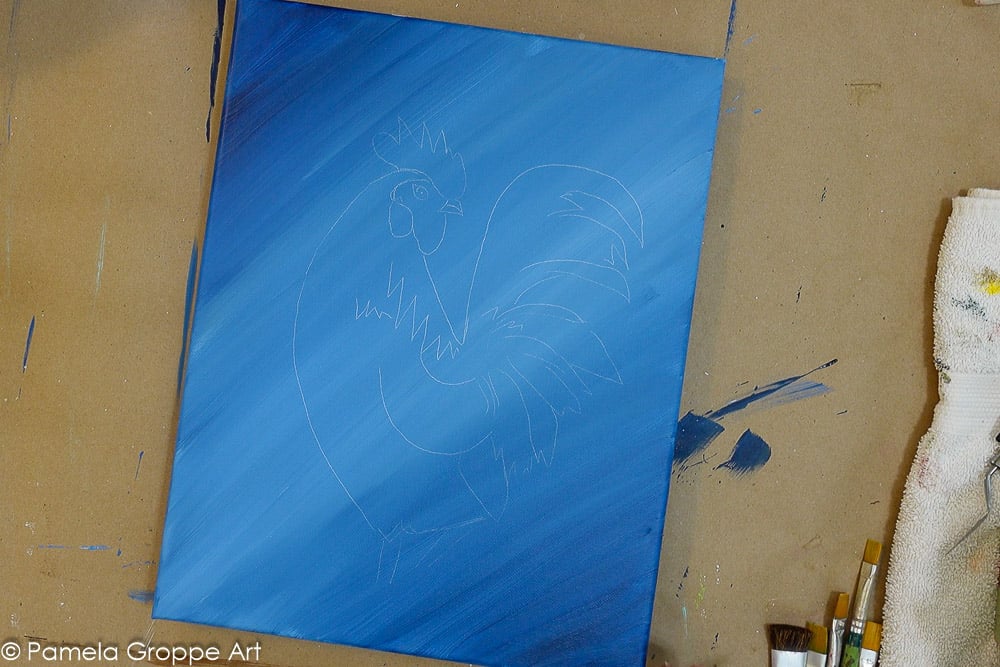 rooster drawing transferred to canvas