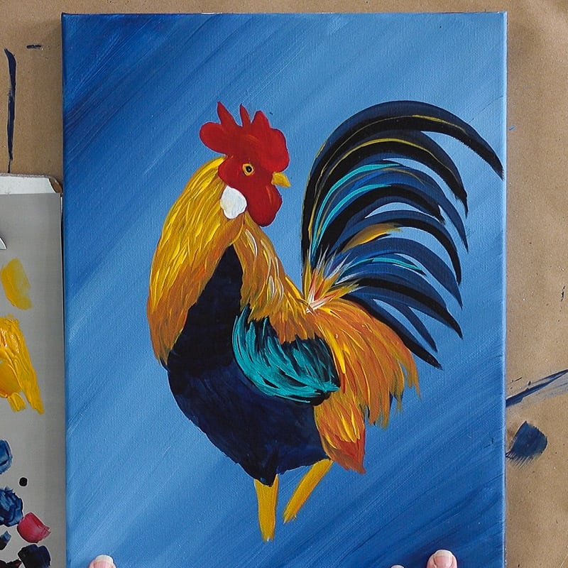 Finish the Rooster Painting, adding aqua for pop