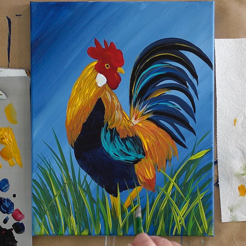 adding the grass, Finish the Rooster Painting