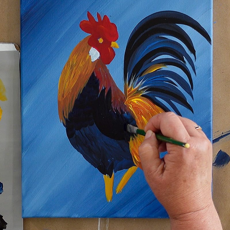 add more blue/black to the rooster wing, pamela groppe art