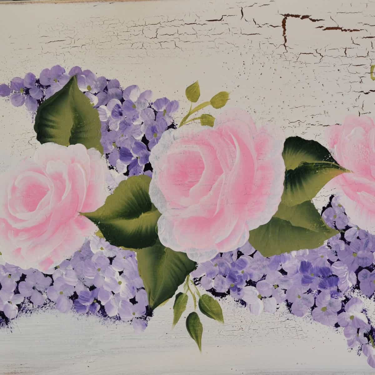 Painted pink rose with lilacs