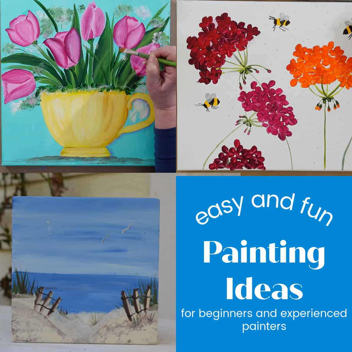 easy painting ideas, 3 paintings with text overlay, easy and fun painting ideas for beginners and experienced painters