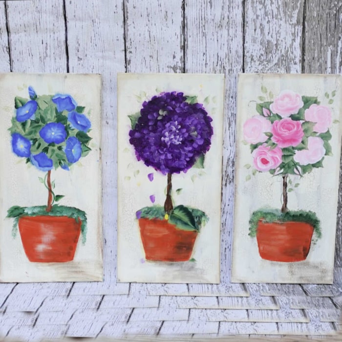 three topiary paintings in acrylics, morning glory, hydrangea and rose