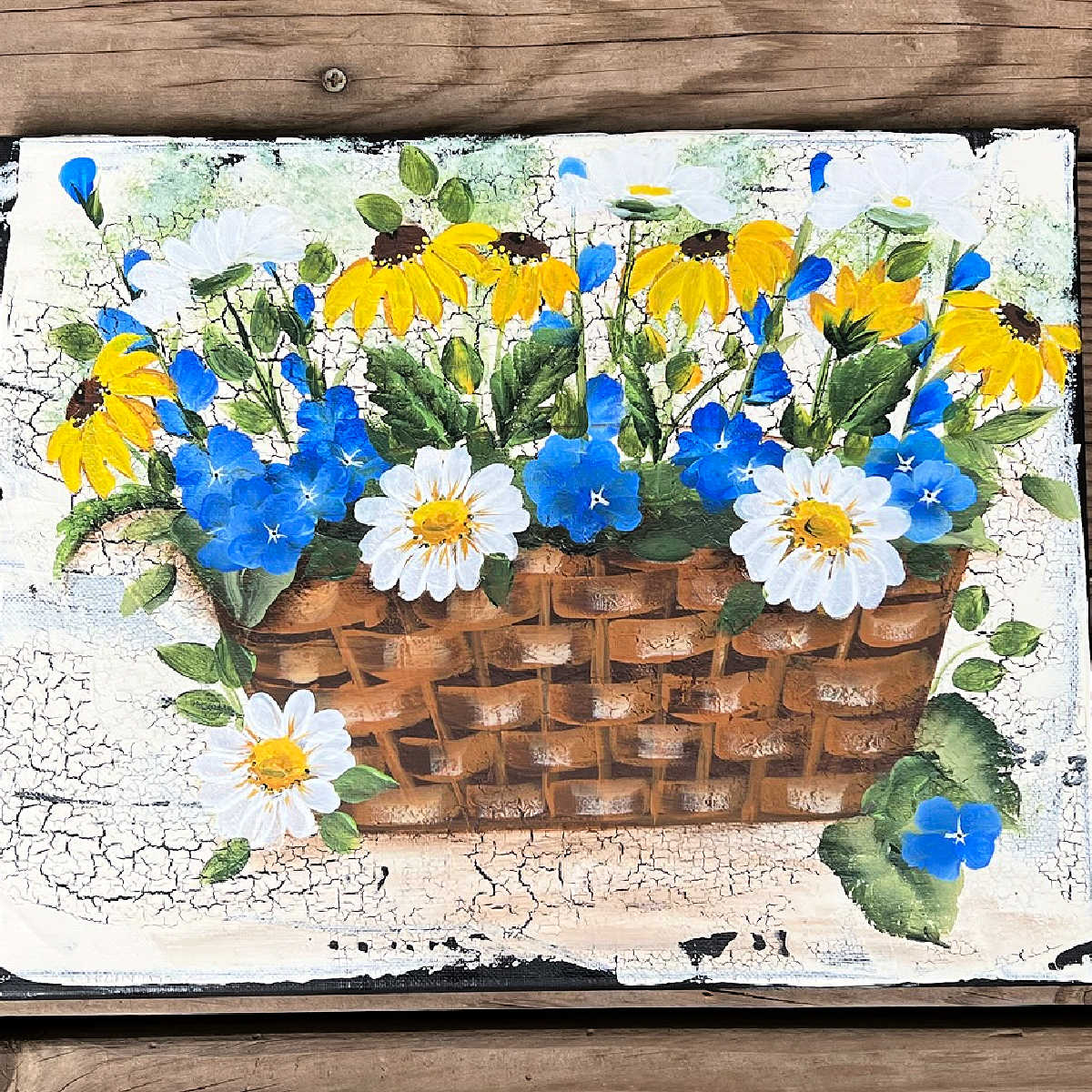 Paint a daisy in a basket, basket painting with a variety of flowers