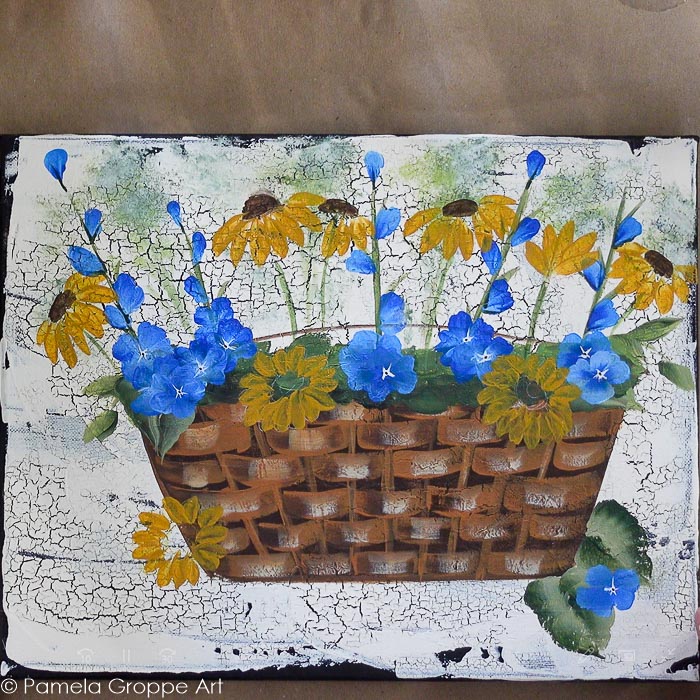 Painted Black Eyed susans in a basket in acrylics