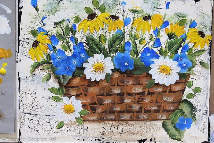 basket of flower painted in acrylics