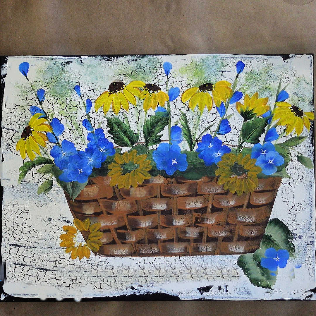 Black Eyed Susans painted in a basket in acrylics