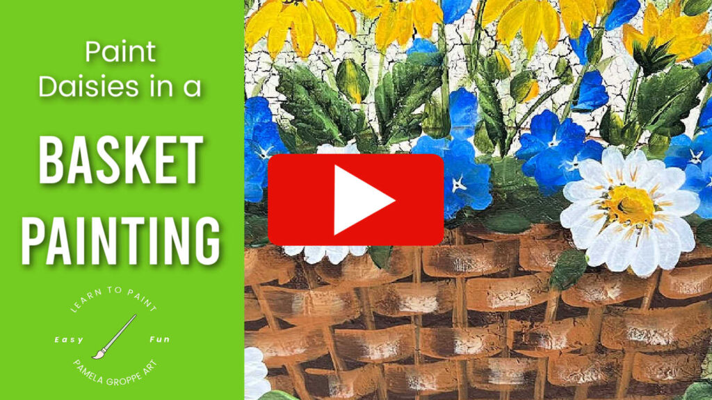 basket painting with daisies and play button