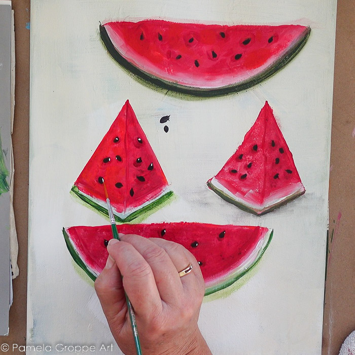 Highlight the watermelon seeds with white paint and a liner brush