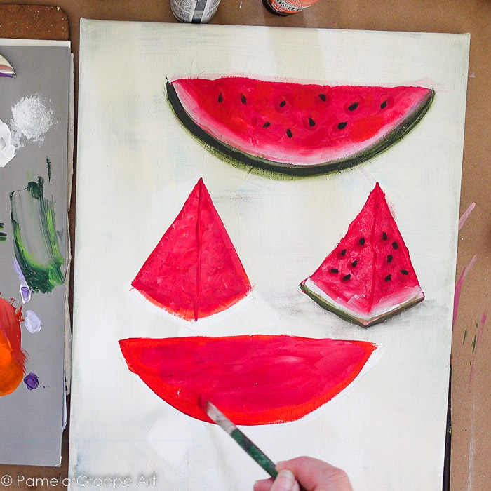 base painting watermelons with an orange red mix of colors