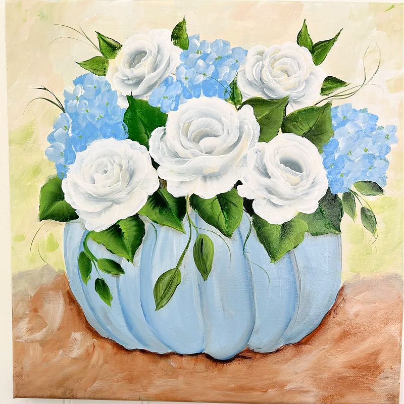 blue pumpkin and white roses acrylic painting tutorial