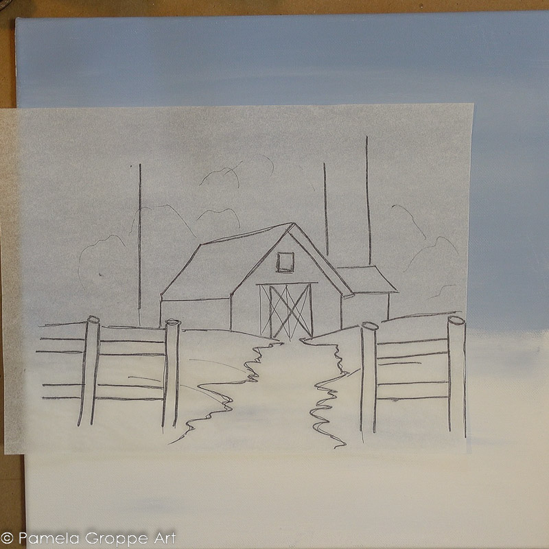 barn outline on transfer paper on background surface