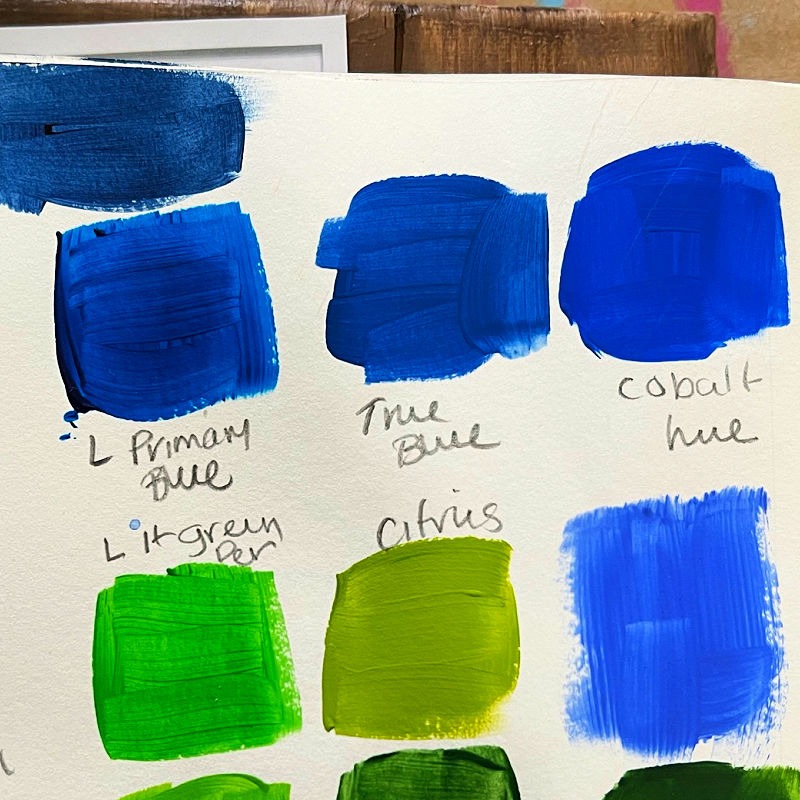 blue acrylic paint swatches, Liqiutex verses Plaid FolkArt