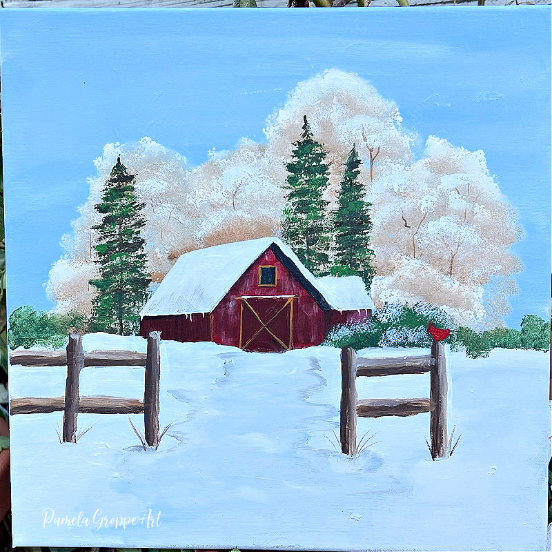 winter barn scene acrylic painting on square canvas