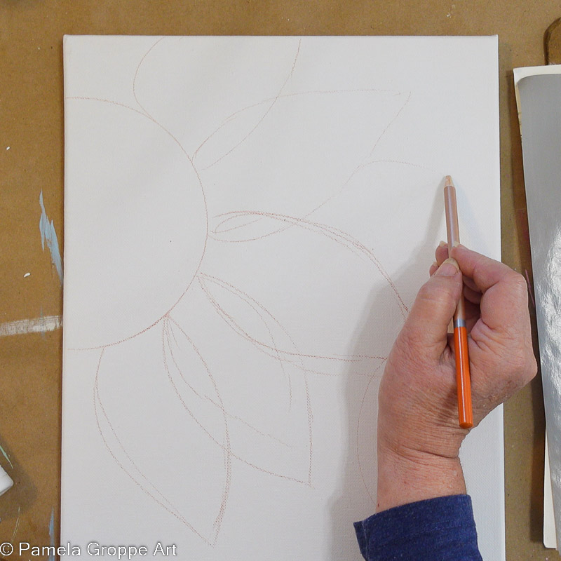 using a watercolor pencil to draw sunflower petals on white canvas