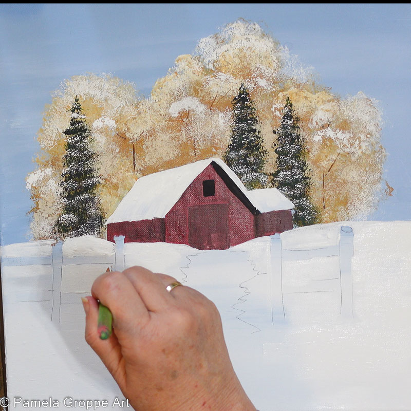 painting white on the ground in acrylic paint for the snow in the barn landscape