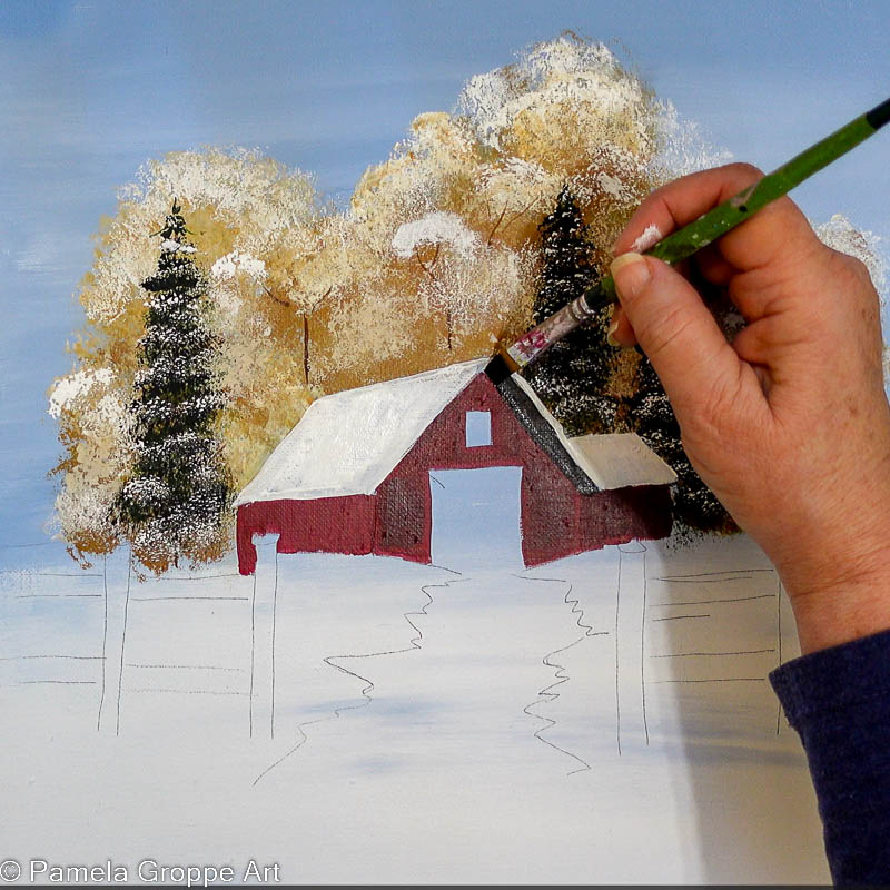 Painting the barn eave with Licorice (black) acrylic paint.