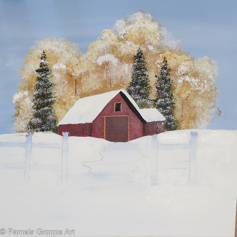 acrylic barn painting partially done 