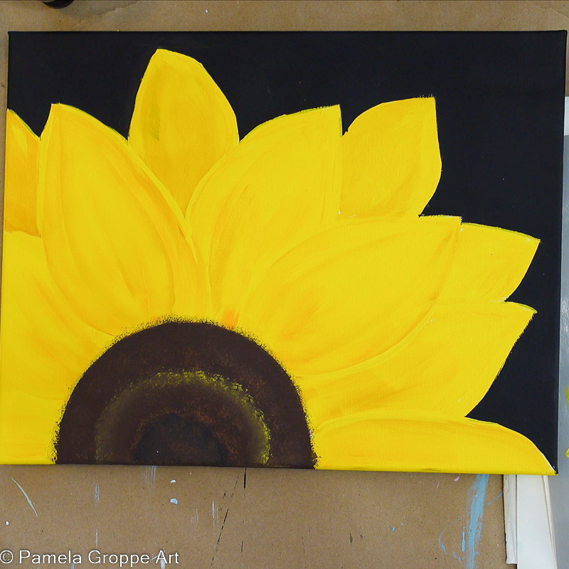 yellow sunflower with dark brown center painted on a black background