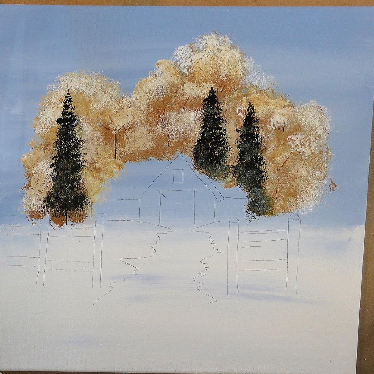 winter pine trees painted in acrylics over snowy winter trees