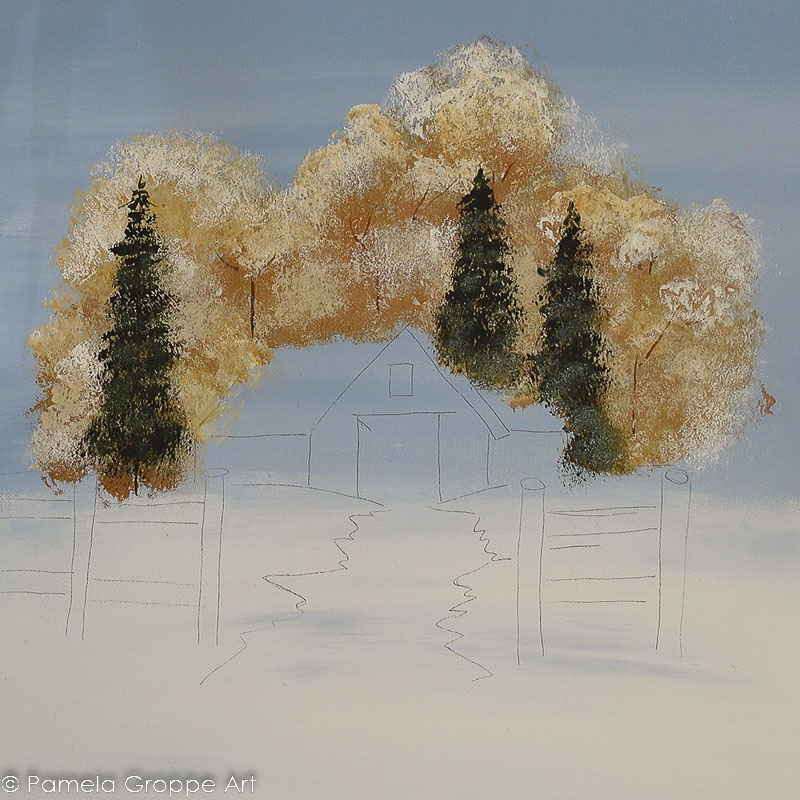 Painting winter pine trees second layer of a lighter green