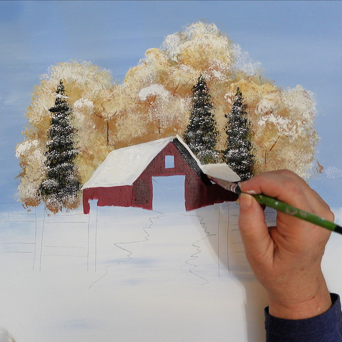 begin painting the barn in the series, paint a winter barn landscape