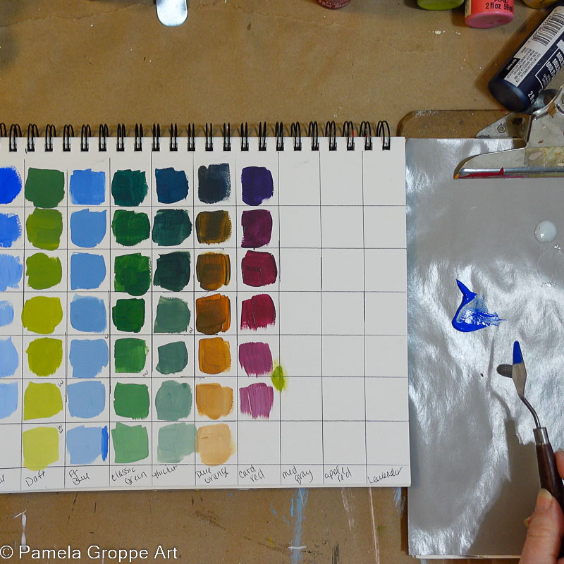 mixing blue with gray, color mixing on Richeson  gray matters palette paper