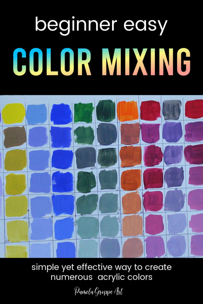 different swatched of mixed colors of paint, text reads:beginner easy color mixing, simple yet effective way to create numerous colors, pamela groppe art