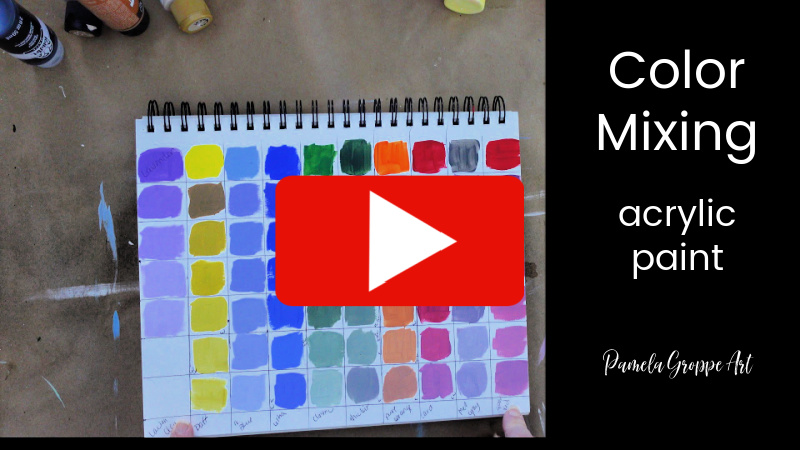 paint color mixing chart with red play arrow and text overlay, color mixing acrylic paint, pamela groppe art