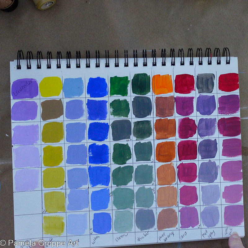 Color chart used in mixing colors, acrylic paint mixing on mixed media pad