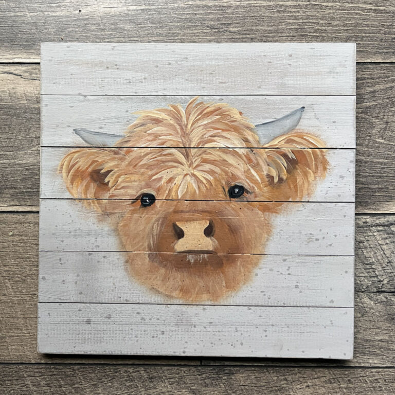 baby highland cow painting in acrylics on wood slatted board