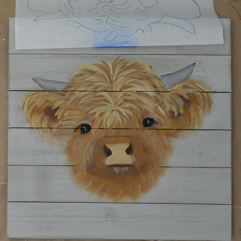 Baby highland cow painting on rustic wood slat board